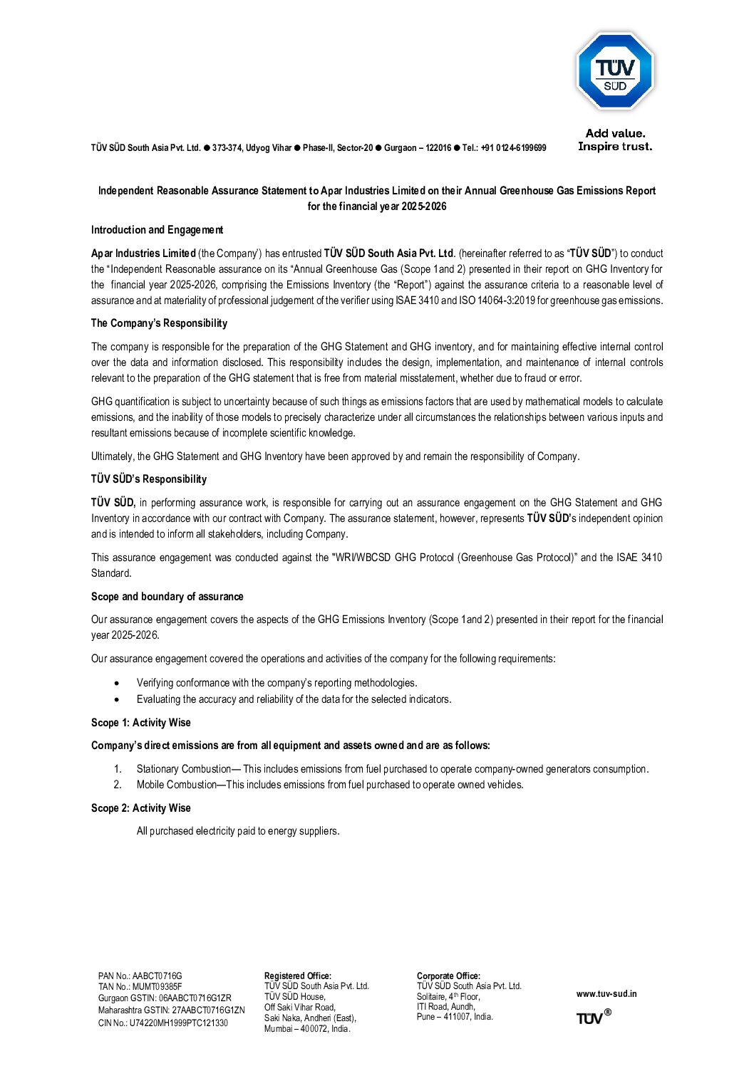 GHG Scope-1 & Scope-2 Emissions Reasonable Assurance Statement